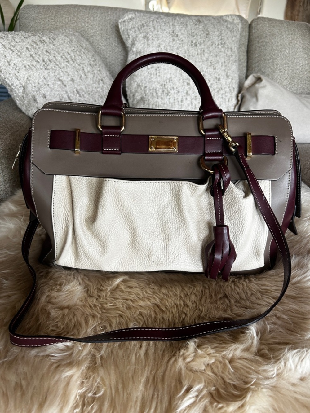 Alberta Di Canio Tri-Tone Leather Satchel in Cream, Taupe & Burgundy